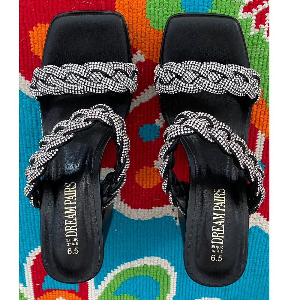 Dream Pairs Black Rhinestone Braided Strap Platform Chunky Heel Sandals NEW! 6.5
